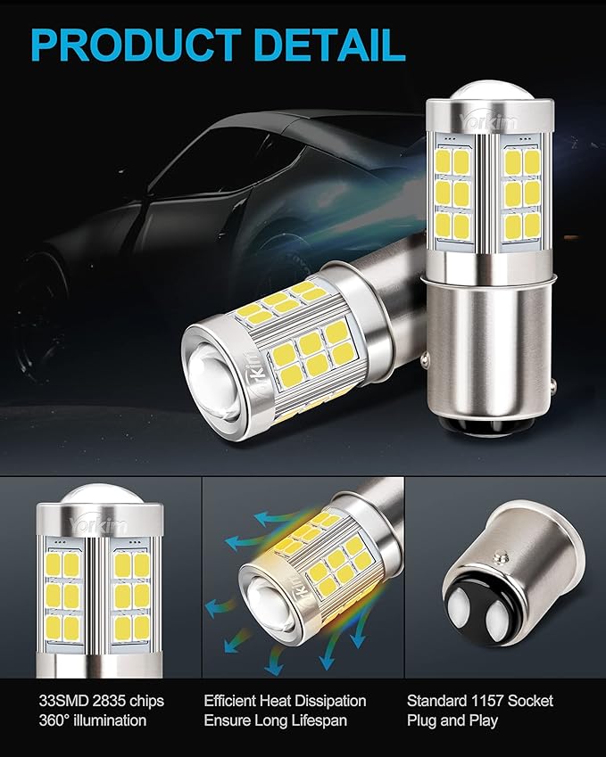 Yorkim 1157 LED Bulb, super bright 2357 led bulb 2057 7528 BAY15D Replacement for led Reverse Blinker Brake Tail Lights, 6000K Xenon White, pack of 2