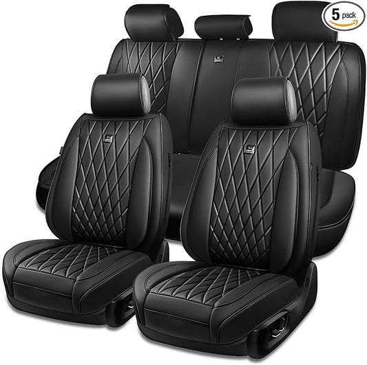CAR PASS Leather Seat Covers Full Set, Luxury Seat Protector for Cars, Waterproof PU 5-Seat Car Seat Covers Universal for SUV Sedan Truck, Airbag Compatible & Anti-Slip, Solid Black