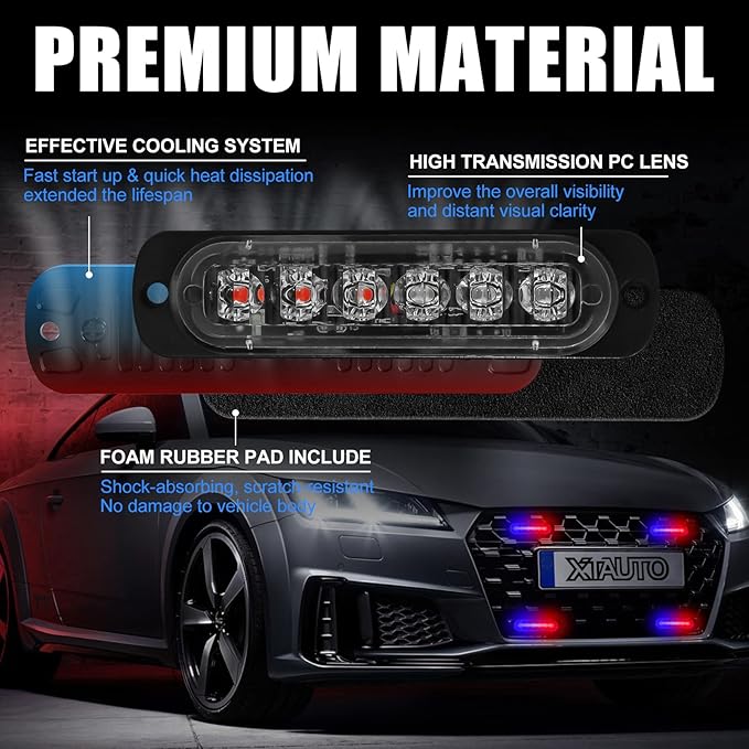 10pcs LED Emergency Strobe Light, 6-LED Ultra Slim Surface Mount Flashing Warning Beacon Hazard Construction Caution Grille Light Bar for Truck Car Off Road Vehicles SUV ATV (Red Blue)