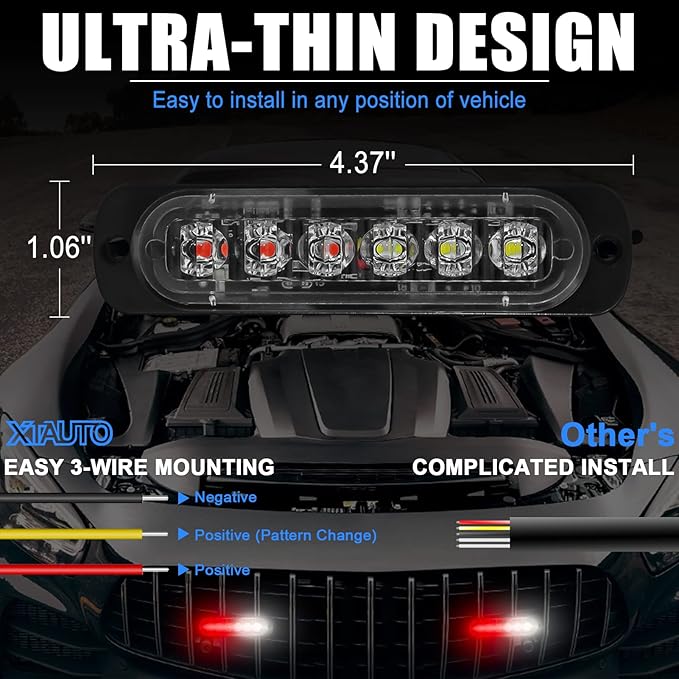 10pcs LED Emergency Strobe Light, Red White 6-LED Ultra Slim Surface Mount Flashing Warning Beacon Hazard Construction Caution Grille Light Bar for Truck Car Off Road Vehicles