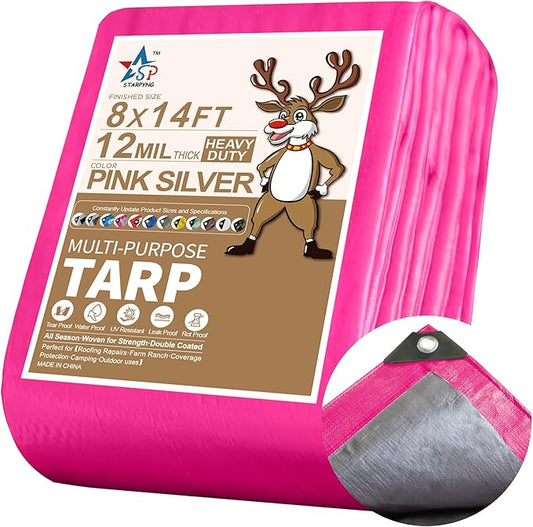 STARPYNG-12 Mil Pink/Silver 8x14 Feet Tarp-Heavy Duty Poly Tarp-Cover,Waterproof, UV Resistant, Weather Resistant, Cover Cars, Boats, Courtyards,Camping
