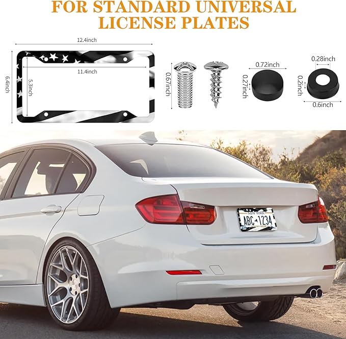 Black American Flag License Plate Frames - 2 Pack Patriotic Matte Gloss Stars Stripe US Flag Stainless Steel Metal Car Tag Frame Holder Covers with 4 Fluttering Flag Valve Stem Caps, Screws Fasteners