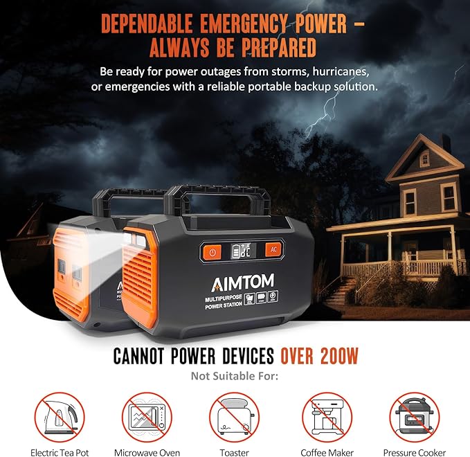 AIMTOM Portable Power Station 173Wh Lithium Battery, 200W AC Outlet (250W Surge), 18W USB-C, 2x USB-A, 2x 12V DC Outputs, LED Flashlight – Ideal for Camping, Travel, Emergency Backup, RV, Home Use