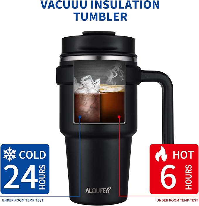 ALOUFEA 20 oz Insulated Coffee Mug Tumbler with Handle, Stainless Steel Travel Mug Tumbler with Lid and Straw,Double Wall Vacuum Leak Proof Ice Coffee Thermal Cup, Black and Army Green