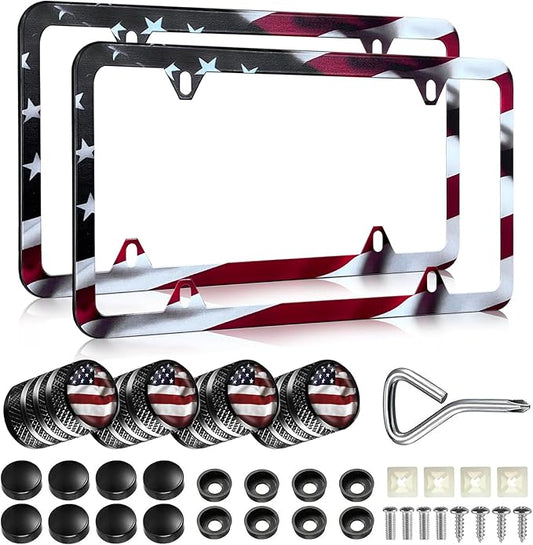 American Flag License Plate Frames - 2 Pack Universal Patriotic Matte Gloss Stars Stripe US Flag Stainless Steel Car Tag Frame Holder Covers with 4 Fluttering Flag Valve Stem Caps, Screws Fasteners