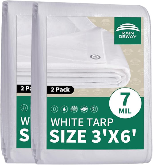 RAINDEWAY Small Tarps 3x6 Feet (2 Pack) Tarp Waterproof,7Mil Thick,Finished Size,UV Resistant,Multipurpose Poly Tarp Cover with Metal Grommets and Reinforced Edges,White Tarps