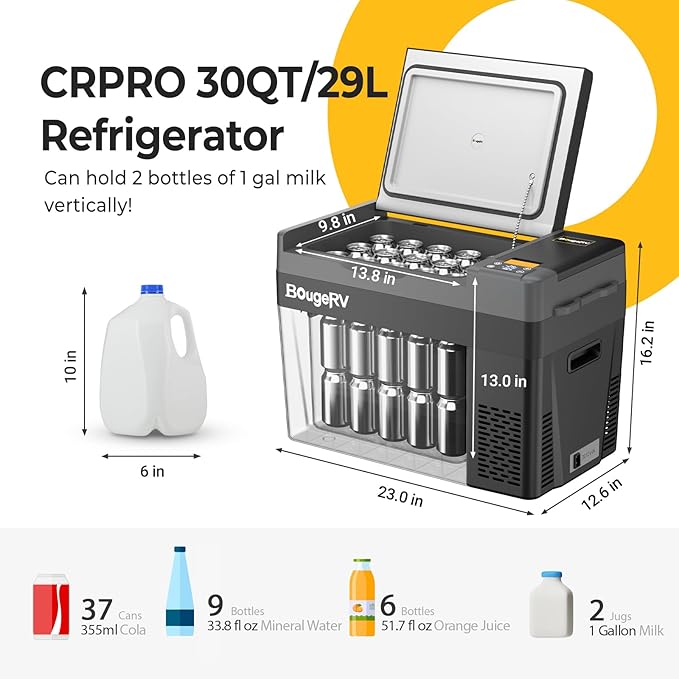 BougeRV 12 Volt Refrigerator, CRPRO 30 Quart 12V Car Fridge, Portable Freezer (-8℉~50℉), Compressor Electric Cooler with 12V/24 DC, 110-240 AC for Outdoor Camping Overlanding Truck RV SUV Van