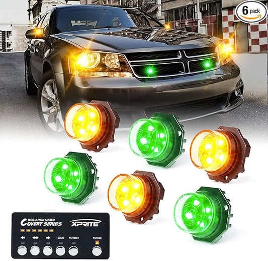Xprite Amber Green LED Hideaway Strobe Lights Kit 20 Flashing Patterns w/Control Panel Headlights Taillights Fog Marker Light Mounting, for Roadside Emergency Vehicles Trucks SUV Vans 12V Cars 6 PCs