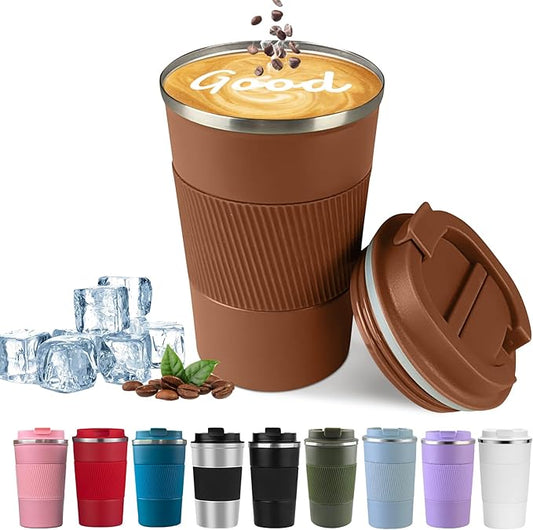 YINBAOGE Insulated Travel Coffee Mug, Spill & Leak Proof, Portable To Go Camping Stainless Steel Coffee Tumbler, Reusable Thermal Coffee Cup with Lid for Hot & Cold Drinks (Brown, 17 OZ)