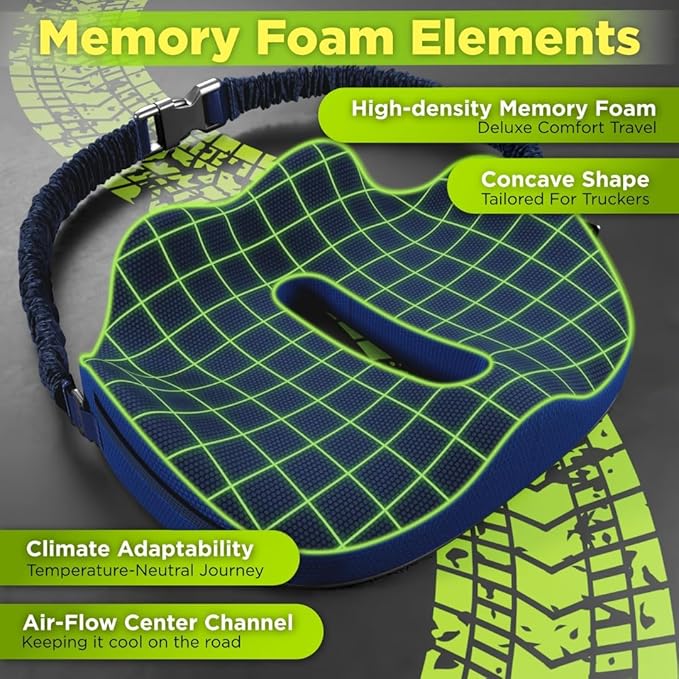 Large Truck Seat Cushion for Truck Driver Seat Cushion - Upgraded Back Support, CertiPUR-US® Certified - Thick Memory Foam, Pain Relief for Hours of Driving, Trucker Approved Big Rig - Navy