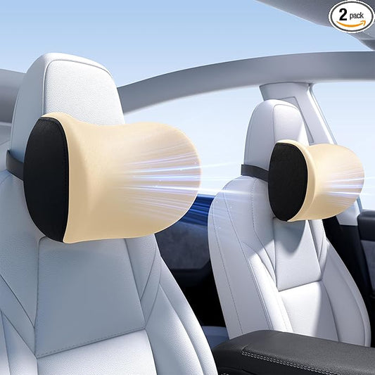 Wigoo 2025 Upgrade Car Neck Pillow [No More Pressure, Odorless] Soft Car Headrest Pillow with Adjustable Strap Removable Cover 100% Memory Foam, Fits All Vehicles (Beige 2-Pack)