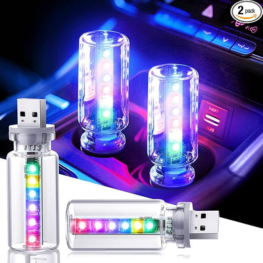 2PCS 13 in 1 USB Car Light, Plug in USB Interior Car Lights, Touch Control Mini Glass Bottle Night Lamp with 13 Modes & 7 Colors, Mini LED Bulb Night Light Ambient Lighting for Auto Bedroom Decoration
