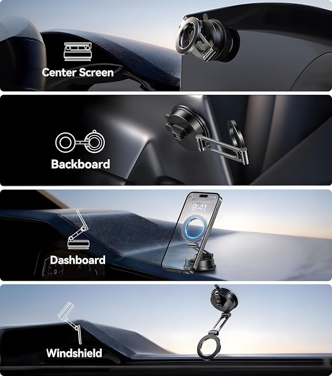 【Vacuum Suction Folding Car Mount】 Magnetic Car Phone Holder for magsafe, Aerospace Alloy Arm, Best Dashboard/Windshield/Screen Holder for Your Car/Tesla/Gym/Mirror/Shower/Smooth Surface/iPhone