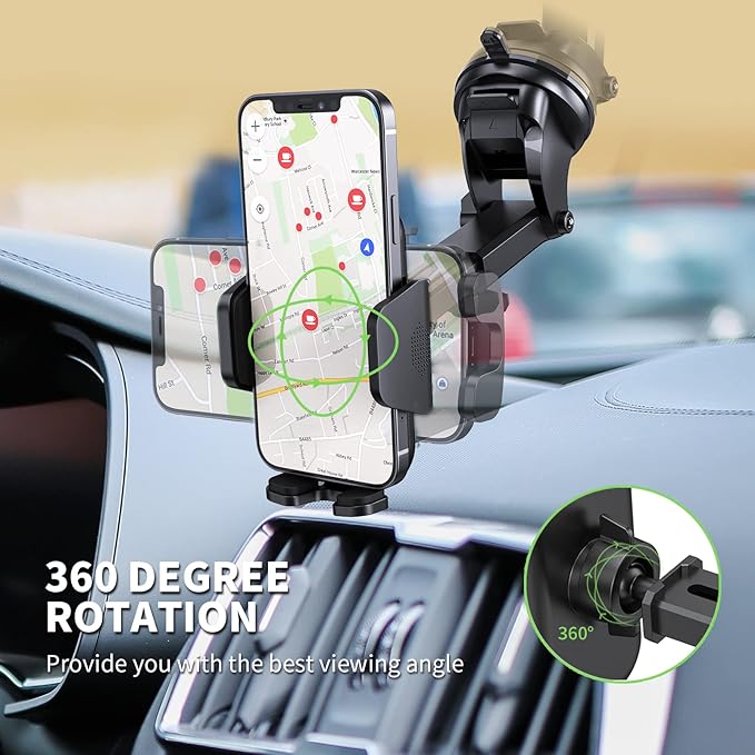 3-in-1 Car Phone Holder [Strongest Suction & Stable Clamp Arm] 360° Adjustable Car Phone Mount, Cell Phone Holders for Your Car for Dashboard Vent, All Smartphones & Car Models (Dash & Air Vent)