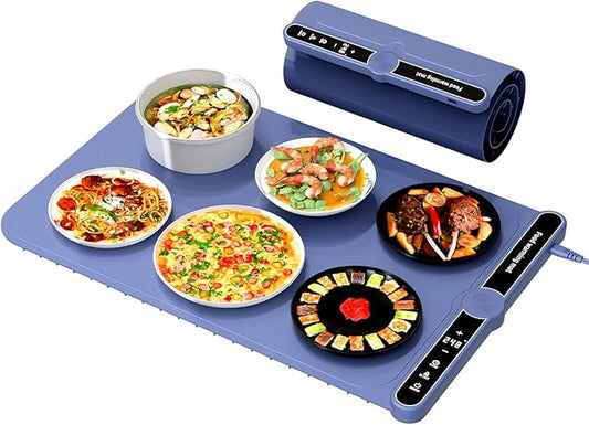 Smart Warming Mat for Food, Upgrade Waterproof Foldable Heating Mat, Food Warming Mat with 9 Level Adjustable Temperature and 6-Speed Timing, Easy to Clean Food Warmers for Buffet,Party,Thawin (Blue)