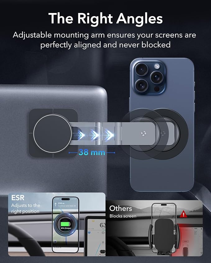 ESR for MagSafe Car Mount, Car Phone Holder,Dashboard/Tesla Touchscreen Car Mount, Magnetic Phone Holder for Car, for iPhone 16/16e/15/14/13/12, S25, Charging Not Supported(2 Metal Rings Included)