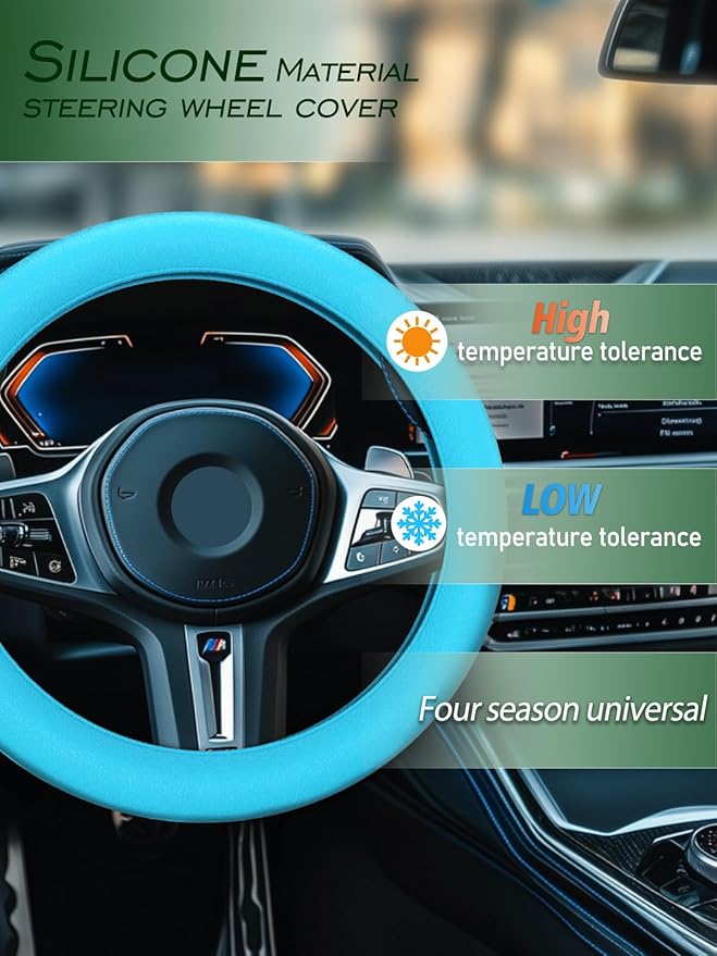 LRITER Car Steering Wheel Cover, Non-Slip Silicone Material, Multiple Color Choices, Universal Auto Parts Steering Wheel Cover, Suitable for Most Cars (Light Blue)