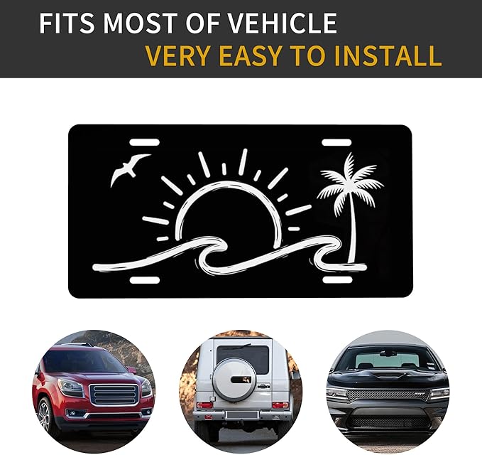 Front License Plate Sunset Palm Tree Seagull Vanity Plates Aluminum Metal Decorative Car Tag Novelty License Plate Cover for Men Women ‎6 * 12 in (4 Holes)