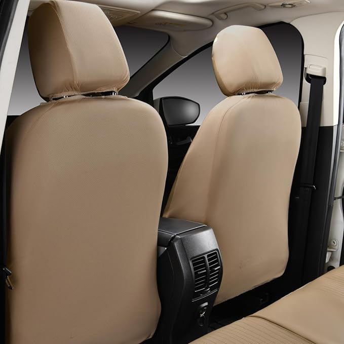 Flying Banner Synthetic Leather car seat Covers Full Set Front and Rear Bench Fashion Easy Installation Cup Holder Free (Solid Beige, Low Bucket - Full Set)