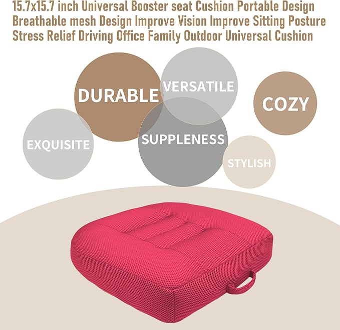 15.7x15.7x4.7 Inches Adjustable Thicknes Car Booster Seat Cushion Office boosr seat Cushion，Nylon Mesh & PP Memory Foam, Height-Adjustable for Driving, Office, Yoga, and Outdoor Use - Pink
