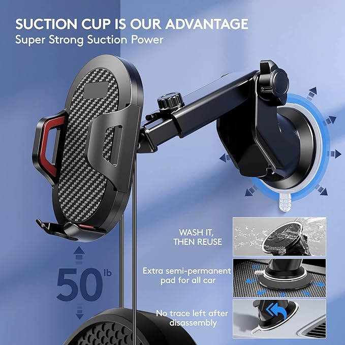 Car Phone Holder Mount, [Strong Suction Cup] [Military Grade Durable] for Windshield and Dashboard, Adjustable Long Arm Compatible with iPhone 16 15 14 Pro Max and All Smartphones (Red)