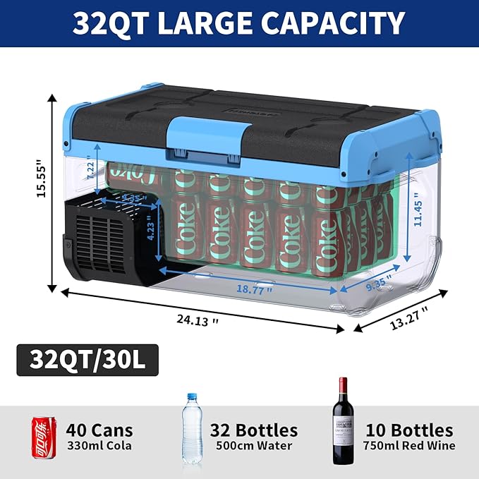 30L Car Refrigerator Freezer, 32QT Single Zone Portable Fridge with Blow Expansion Evaporator, Reversible Door, LED Control, Fast Cooling, 100–240V AC / 12V / 24V DC, -4℉~68℉, Ice Blue