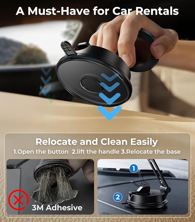 【Vacuum Suction Folding Car Mount】 Magnetic Car Phone Holder for magsafe, Aerospace Alloy Arm, Best Dashboard/Windshield/Screen Holder for Your Car/Tesla/Gym/Mirror/Shower/Smooth Surface/iPhone