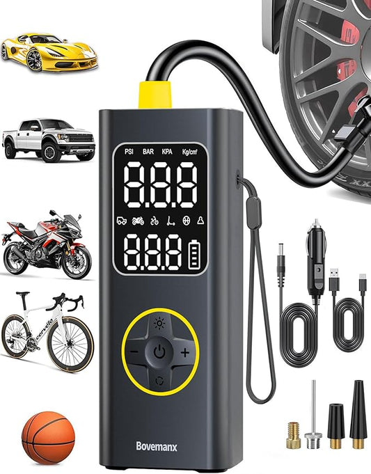 Car Tire Air Pump Portable Air Compressor, 150 PSI Cordless Tire Inflator Battery for Inflating/Charging with 12V DC Cord, Digital Gauge, Led Light for Car, Motorcycle, Bike, Balls and More (Yellow)