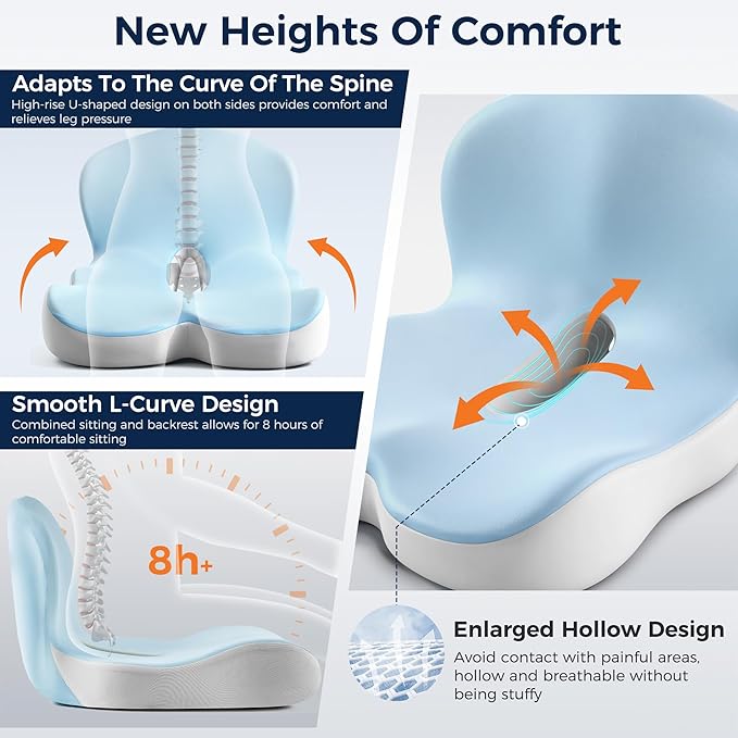Seat Cushion, Office Chair Cushions for Lower Back Tailbone Protect, Seat Cushions for Office Chair with L-Shaped Ergonomic Design, Memory Foam Chair Cushion for Long Sitting Office Worker(Blue Grey)