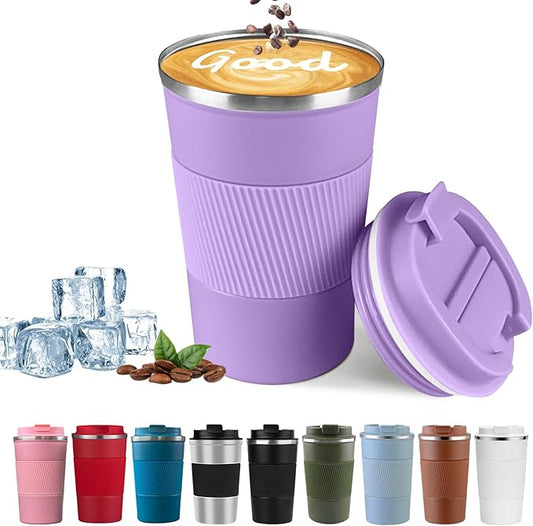 YINBAOGE Insulated Travel Coffee Mug, Spill & Leak Proof, Portable To Go Camping Stainless Steel Coffee Tumbler, Reusable Thermal Coffee Cup with Lid for Hot & Cold Drinks (Purple, 17 OZ)