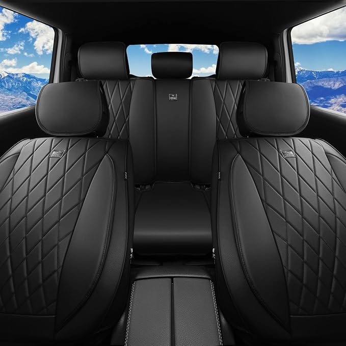 CAR PASS Leather Seat Covers Full Set, Luxury Seat Protector for Cars, Waterproof PU 5-Seat Car Seat Covers Universal for SUV Sedan Truck, Airbag Compatible & Anti-Slip, Solid Black