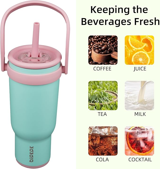 BJPKPK 30 OZ Insulated Travel Tumbler with Handle and Straw, Stainless Steel Water Bottle, Double Wall Vacuum Insulated Mug, for Work, Car, Travel, Guava