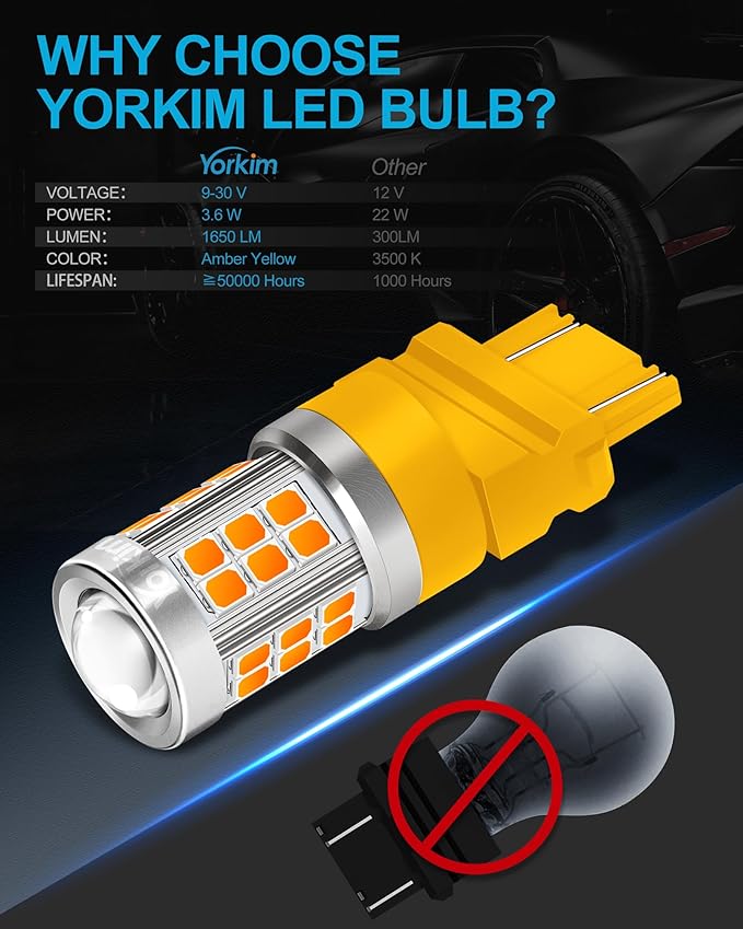 Yorkim 3157 LED Bulb Amber led turn signal bulb, 3157a 3156 led amber lights 3056 3057 4157 bulb led 3157 Replacement for Turn Signal Side Marker Lights, Amber Yellow, pack of 2