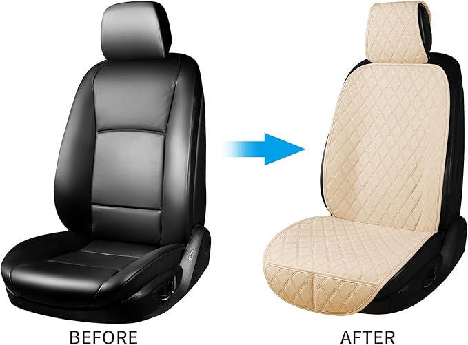 2PCS Linen Front Seat Covers for Cars Sideless Seat Covers Breathable Cloth Fabric Car Seat Protector Universal Fit Most Automotive, SUV, Trucks, Van(Beige)