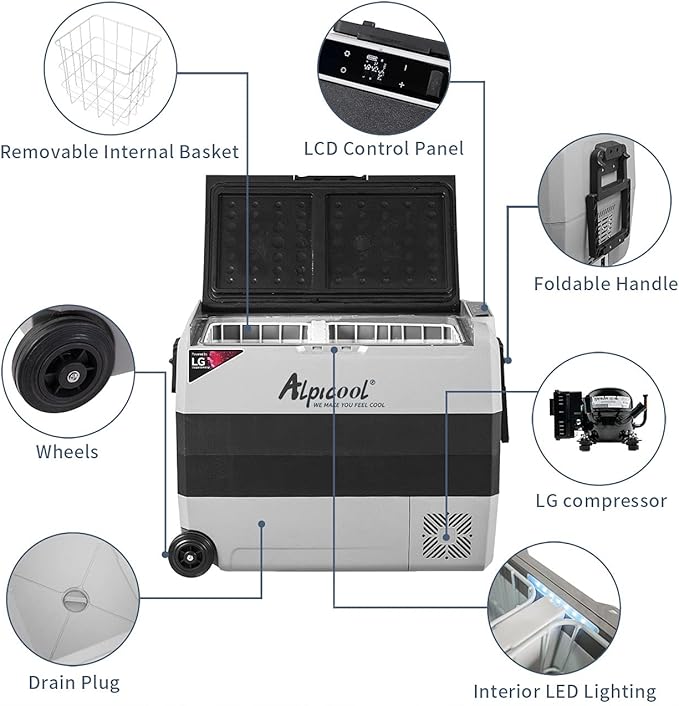 Alpicool LGT60 Dual Temperature Control 12 Volt Refrigerator 63 Quart Portable Car Fridge Freezer (-4°F~68°F) for Truck, RV, Boat, Camping and Travel