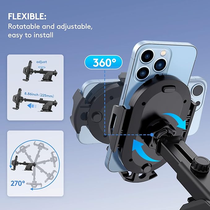 Car Phone Holder Mount, [Strong Suction Cup] [Military Grade Durable] for Windshield and Dashboard, Adjustable Long Arm Compatible with iPhone 16 15 14 Pro Max and All Smartphones (Grey)