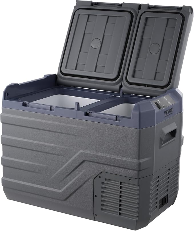 VEVOR NLS45, 12 Volt Car Refrigerator Fridge, 32 L Dual Zone Portable Freezer, -4℉-68℉ Adjustable Range, 12/24V DC and 100-240V AC Compressor Cooler for Outdoor, Camping, RV, Bule and grey