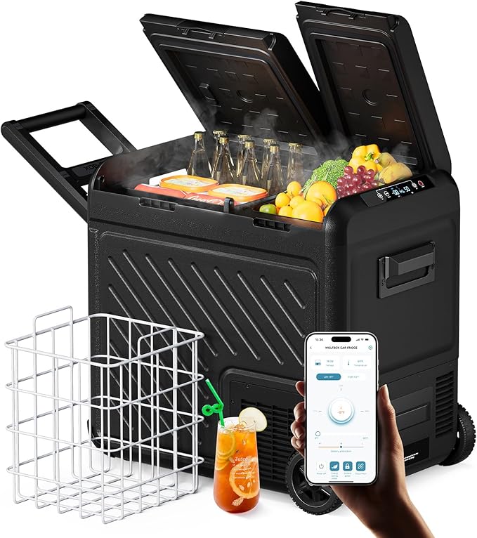 WOLFBOX 12V Car Refrigerator, 58 Quart Dual Zone Car Fridge, Portable Freezer(-8℉~68℉) with 12/24V DC 100/240V AC, APP Control Electric Cooler for Car, RV, Camping, Travel and Home Use