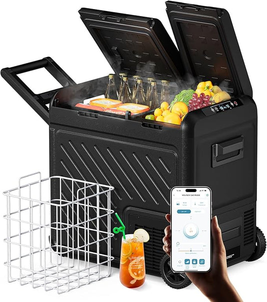 WOLFBOX 12V Car Refrigerator, 58 Quart Dual Zone Car Fridge, Portable Freezer(-8℉~68℉) with 12/24V DC 100/240V AC, APP Control Electric Cooler for Car, RV, Camping, Travel and Home Use