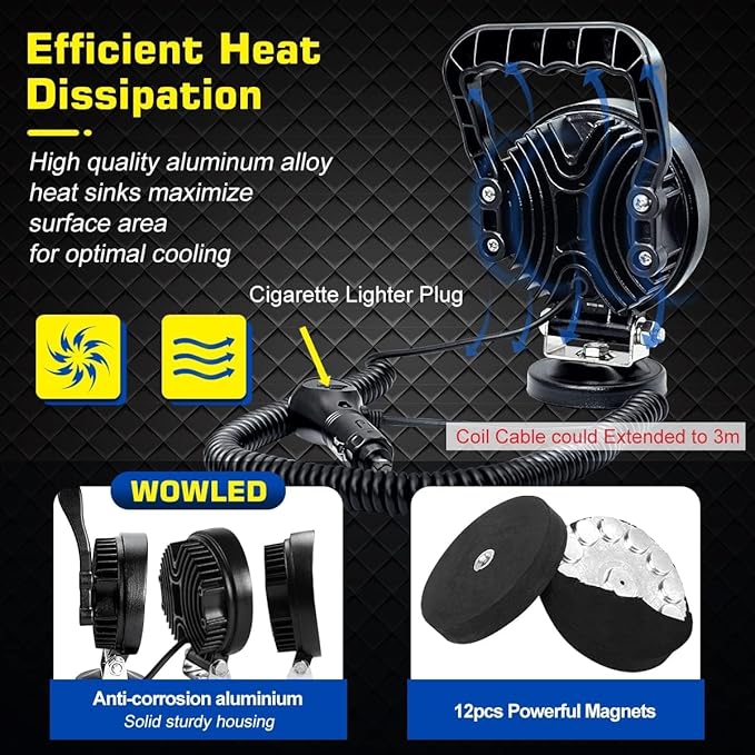WFPOWER Magnet Light Bar, Magnetic Base, Cigarette Lighter Powered, Portable LED Flood Light Work Lamp for Car Off-road SUV Trailer Tractor Truck Engineering Maintenance Garage Camping (27W Round)