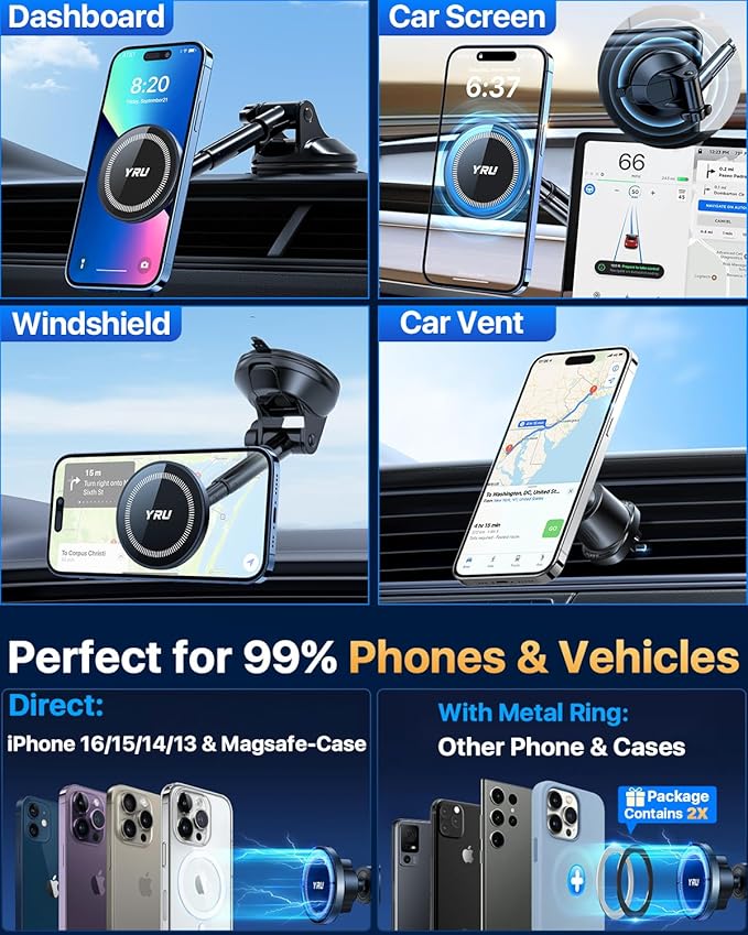 YRU [2025 Upgraded] Magnetic Phone Holder for Car【Patented & Super Magnet】 for MagSafe Car Mount Dashboard Magnet Phone Holder Windshield Phone Stand for iPhone 16 15 14 13 12 Pro Max Samsung, Black