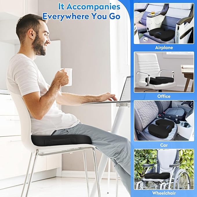 XXLSeat Cushion Office Car Seat Cushion, Memory Foam Cushion for Office Chair, Car Seat, Airplane, Bleacher Non-Slip Chair Pad, Butt Pillow for Desk, Wheelchair, Car (Black)