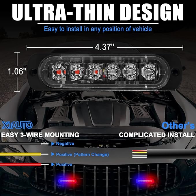 10pcs LED Emergency Strobe Light, 6-LED Ultra Slim Surface Mount Flashing Warning Beacon Hazard Construction Caution Grille Light Bar for Truck Car Off Road Vehicles SUV ATV (Red Blue)