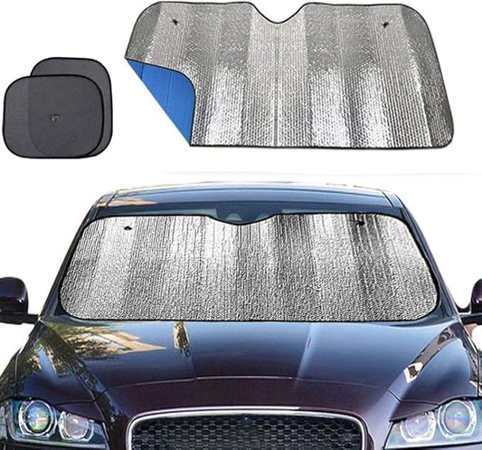 Big Hippo Windshield Sun Shade,Car Sun Shade Side Window as Bonus,Car Sunshade Windshield,Reflect Sunlight Heat and UV Rays, Protect Interior,Keep Vehicle Cool,Silver/Blue(55.16X 27.5inches)