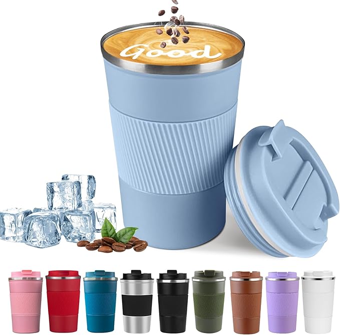YINBAOGE Insulated Travel Coffee Mug, Spill & Leak Proof, Portable To Go Camping Stainless Steel Coffee Tumbler, Reusable Thermal Coffee Cup with Lid for Hot & Cold Drinks (Light blue, 12 OZ)