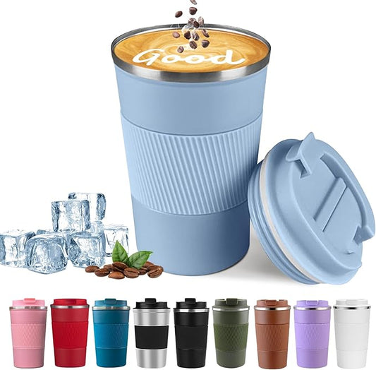 YINBAOGE Insulated Travel Coffee Mug, Spill & Leak Proof, Portable To Go Camping Stainless Steel Coffee Tumbler, Reusable Thermal Coffee Cup with Lid for Hot & Cold Drinks (Light blue, 12 OZ)