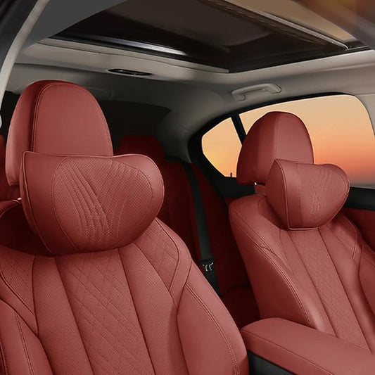 Car Neck Pillow Memory Foam Premium Leather Headrest Neck Support Cushion Universal for Driving Home Office, Red,2PC