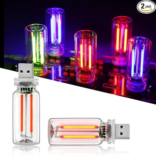 2PCS USB Car Lights, Touch Adjustment Lights, Plug in USB Vehicle Interior Ambient Light, Mini LED Retro Bulb Glass Bottle Night Light for Car, Camping, Holiday Decoration, Party, Bedroom (Red)