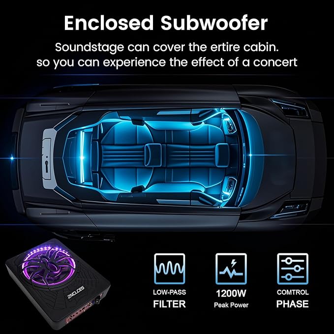 2025 Upgraded 10" 1200W Slim Under Seat Powered Car Subwoofer with Colorful LED Ambient Lights, Car/Truck Audio Sub Built in Amplifier Outstanding Heat Dissipation, Powerful Bass for Passion Driving
