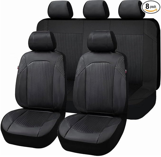 Flying Banner Synthetic Leather car seat Covers Full Set Front and Rear Bench Fashion Easy Installation Cup Holder Free (Solid Black, Low Bucket - Full Set)